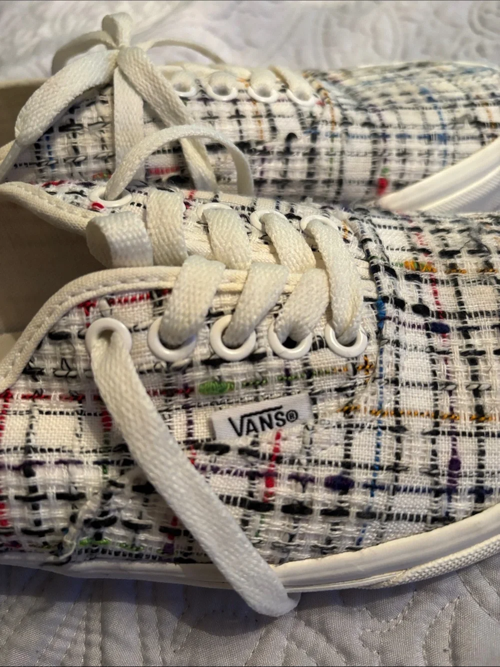 Vans Men’s Ivory Plaid Canvas Sneakers with Multicolor Accents